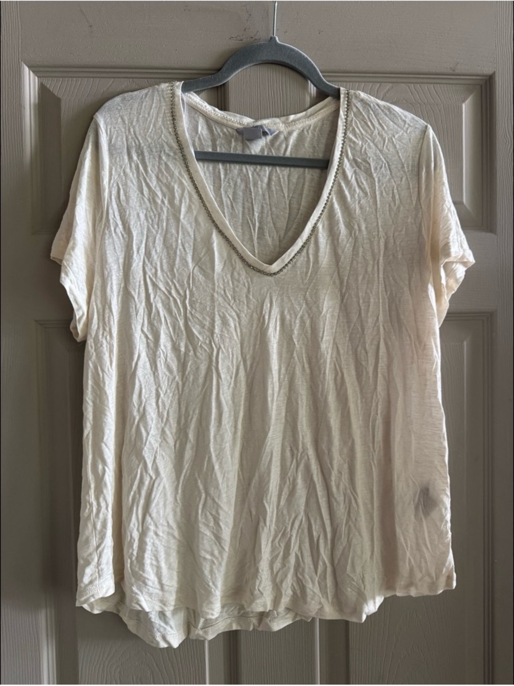 H&M Cream Short Sleeve V-Neck Top with Beaded Trim